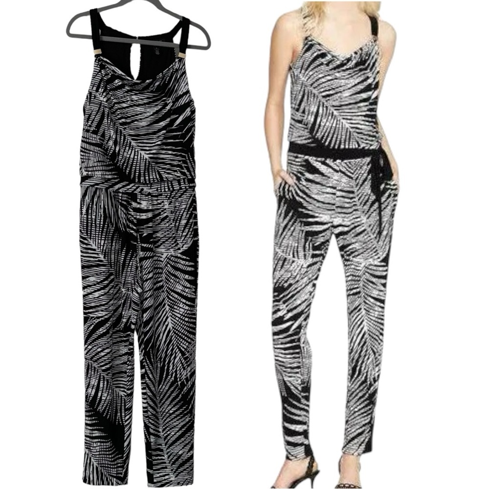WHBM Drape Neck Sleeveless Jumpsuit Women's Size 8 Black White Palm Print